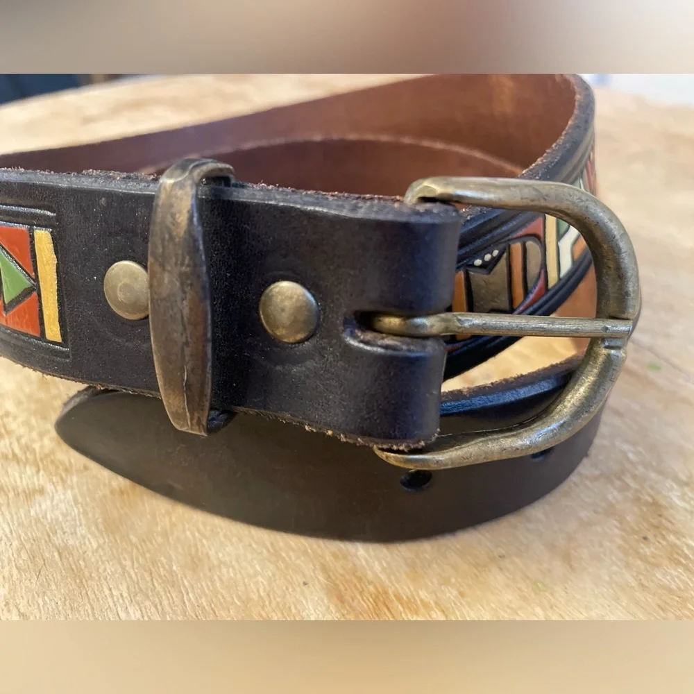 Vintage Colorful Painted Leather Belt with Geometric Southwest Pattern Design
